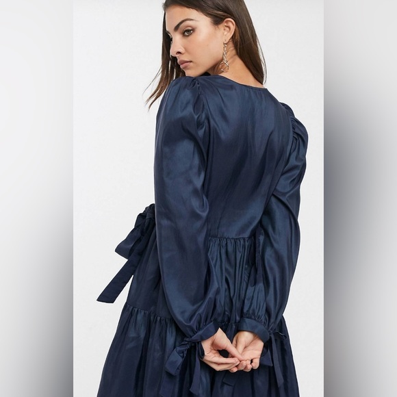 ASOS Design Wrap Front Smock Mini Dress in Navy Blue Taffeta, Size 12 - Picture 8 of 10